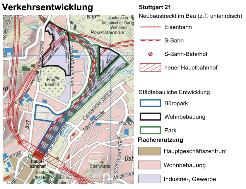 Karte zur Verkehrs- und Stadtentwicklung in Stuttgart 21 mit Legende.